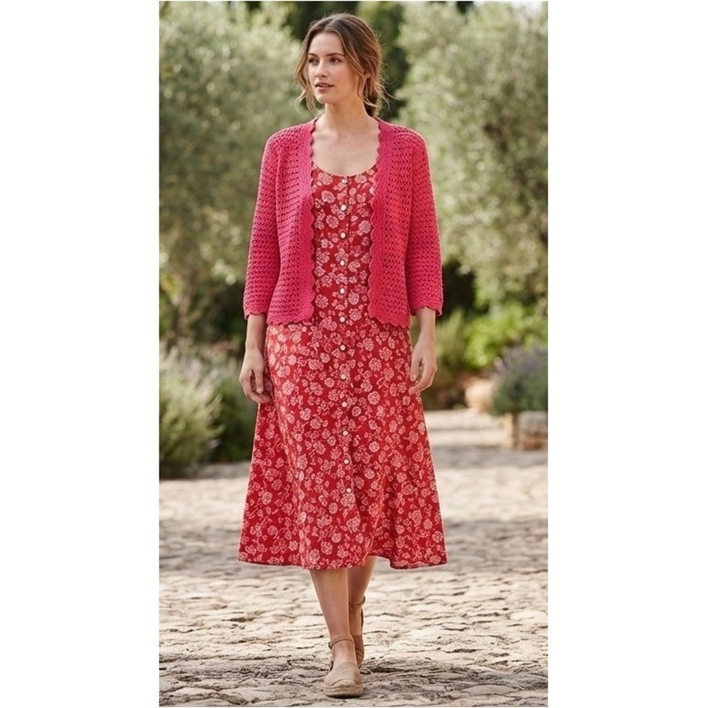 Norm Thompson Floral Dress‎ & Crochet Linen Cardigan Set Size M Red Vacation Y2K